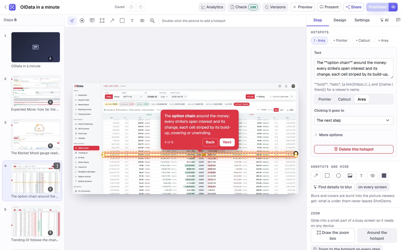 The ShotDemo editor: the steps on the left, a hotspot with its words in the middle, its settings on the right